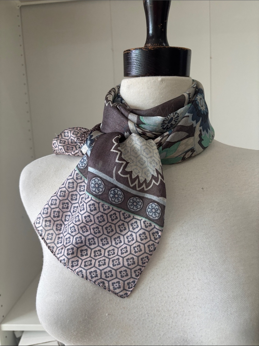 Floral & Geometric Pattern Silk Scarf in Brown and Blue